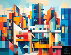 Ciudad geométrica vibrante con toque natural urbano.