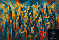 Póster cubista de ciudad geométrica colorida